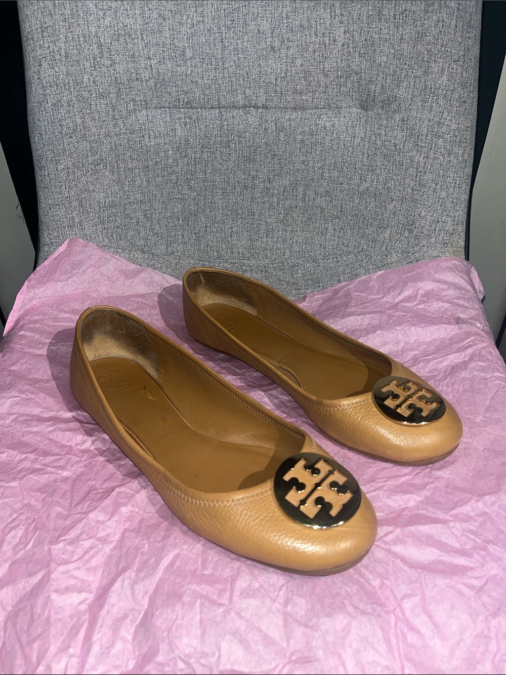 Tory Burch Tan Logo Round-Toe Flats